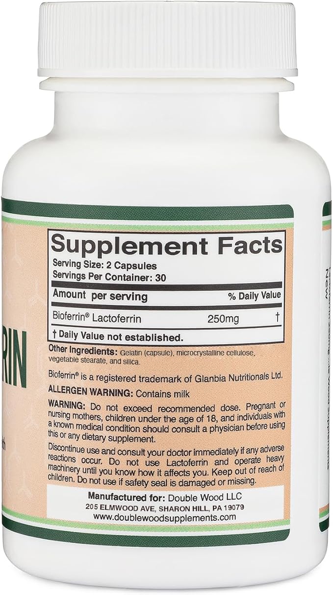 Lactoferrin 250mg per Serving (60 Capsules) Patented Bioferrin Lactoferrin - Superior Iron Supplement for Iron Deficiency and Immune Support by Double Wood Supplements