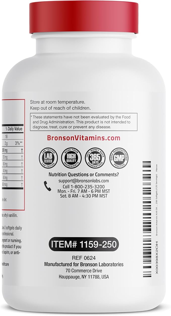 Bronson Antarctic Krill Oil 2000 mg with Omega-3s EPA, DHA, Astaxanthin and Phospholipids, 250 Softgels (125 Servings)