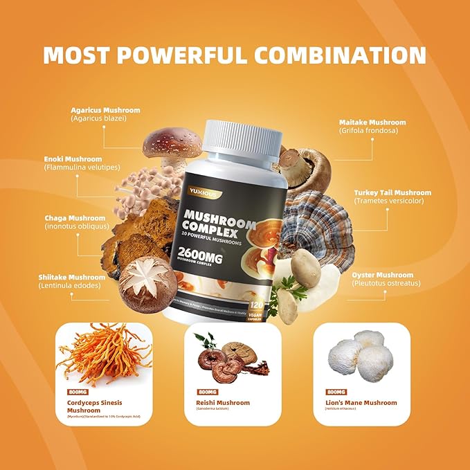 Mushroom Complex Supplement 2600mg, 120 Capsules - 10 Mushrooms Blend - Reishi, lions mane supplement capsules,Lions Mane, Cordyceps, Chaga, Turkey Tail, Maitake, Shiitake, Oyster Nootropic Complex