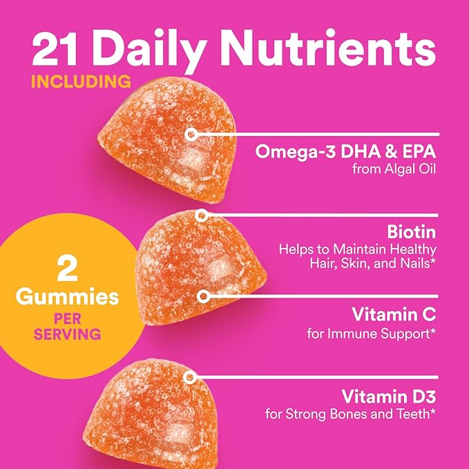 SmartyPants Teen Girl Multivitamin Gummies - Improved Formula: Omega 3 (DHA/EPA), Vitamin C, D3, B12, Vitamin A, K & Zinc, Biotin to Support Hair, Skin & Nails, Gluten Free, 60 Count (30 Day Supply)