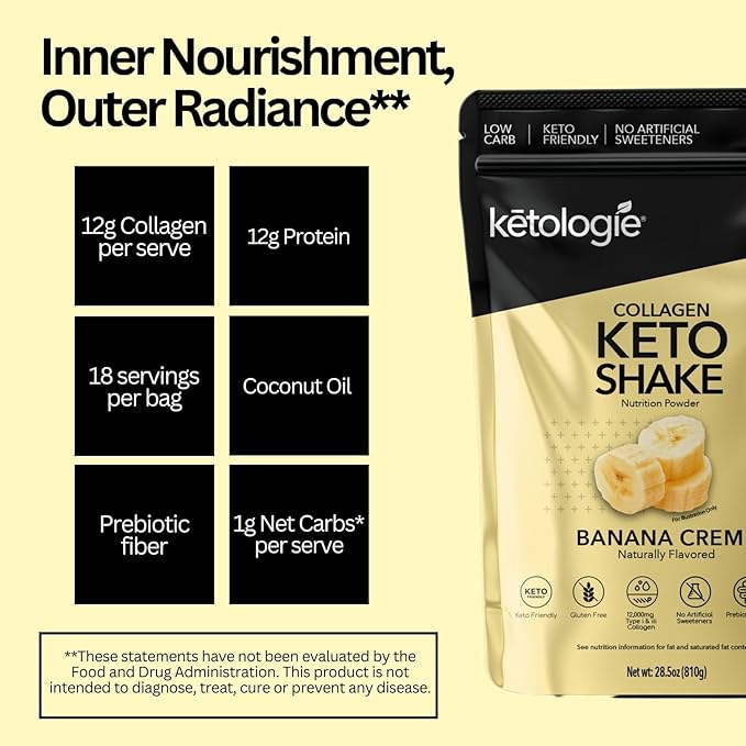 Keto Collagen Shake (Banana Creme) - with Coconut Oil, Prebiotics, Grass Fed Hydrolyzed Collagen Peptides Type I & III, Low Carb, Gluten Free,1.78lbs.