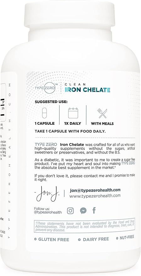 Type Zero Iron Chelate Capsules (18 MG, 240 CAPS) from Ferrochel - Non-GMO and Gluten Free