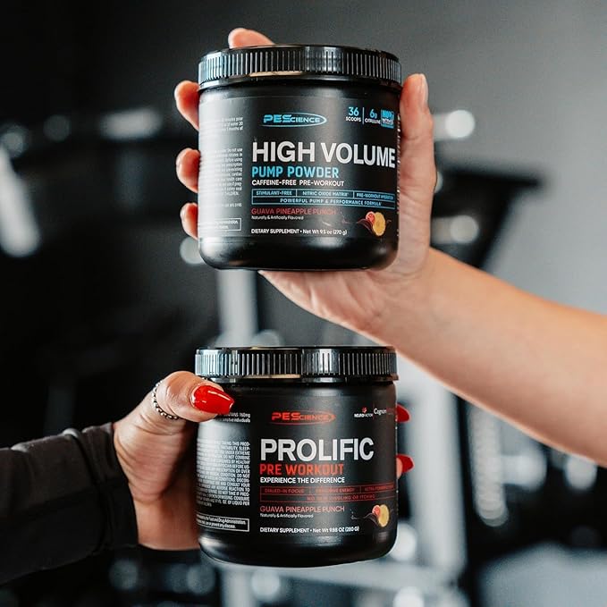 PEScience Pre Workout Stack – Prolific & High Volume, Sour Peach Candy, Nitric Oxide Booster – 40 & 36 Scoops, L Arginine Nitrate, L Citrulline, Pre Workout Powder for Men & Women
