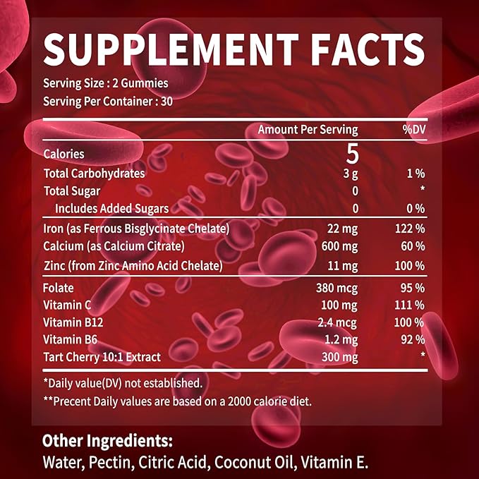 Tart Cherry Iron Supplement for Women & Men, Iron Gummies with Calcium, Zinc, Folate & Vitamin C & B12 for Immune Support, (60 Count) - Sugar Free,Vegan