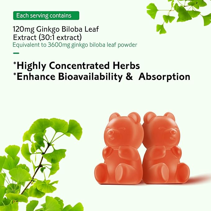 2 Pack Ginkgo Biloba Gummies for Women and Men, Brain Supplement Improve Better Mood and Focus, Vegan Mixed Berry Flavor 120 Count
