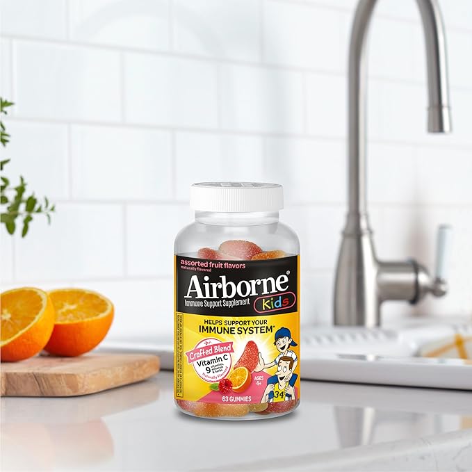 Airborne Vitamin C 500mg (per Serving) - Assorted Fruit Flavored Kids Gummies (63 Count in a Bottle), Gluten-Free Immune Support Supplement with Vitamins C E, Selenium