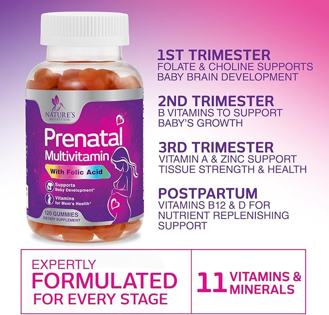 Prenatal Gummy with Folic Acid, Prenatal Vitamins and Minerals for Fetal Support, Vitamin A, C, D3, B12, B6 & Folate, Prenatal Multivitamin for Pregnant & Nursing Women - 120 Gummies, 60 Day Supply