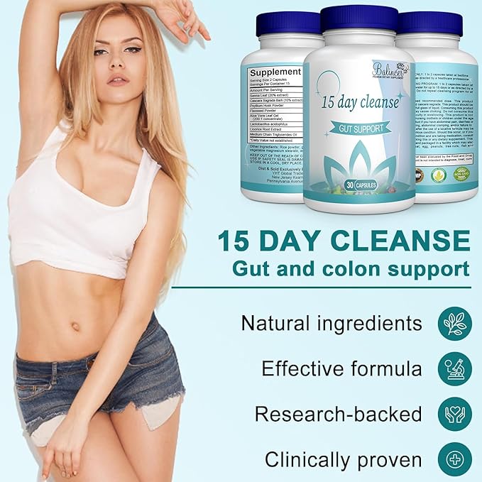 15 Day Cleanse, Gut and Colon Support, Advanced 15 Day Gut Cleanse Detox for Women & Men with Senna, Cascara Sagrada & Psyllium Husk, Non-GMO, 30 Capsules