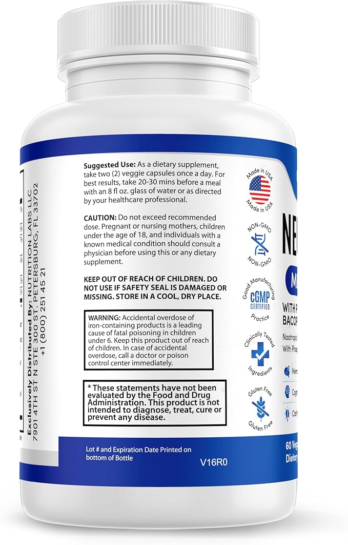 Nootropics and Cognitive Support for Brain Health Enhancer Vegan Supplement - Mental Focus Memory Supplement, Performance Blend, w/Energy and Vitamins DMAE Bacopa Phosphatidylserine Capsules