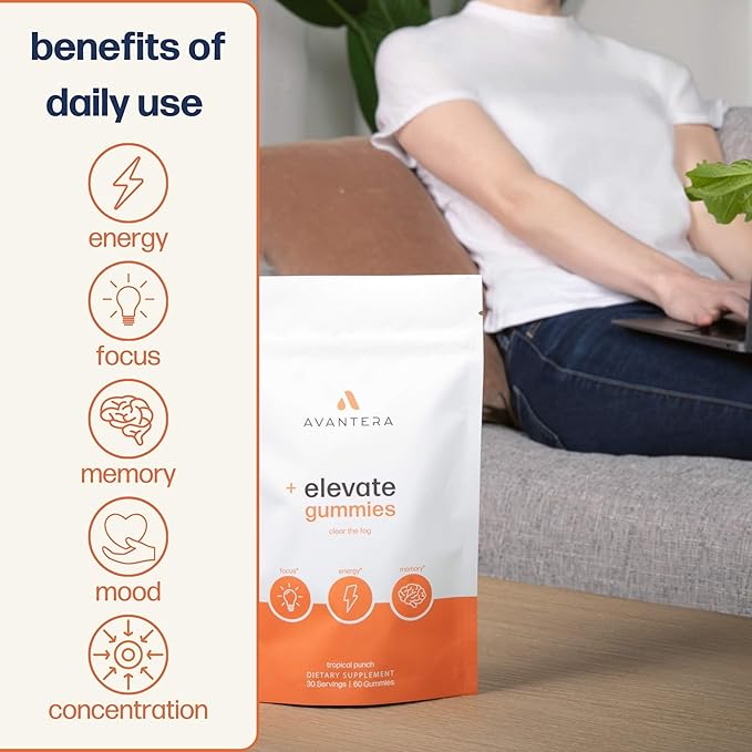 Avantera Elevate Gummies Premium Nootropic Supplement - Beat Brain Fog - Best Focus Supplements for Memory & Focus Support - Energy Without Crash - 60 Gummies for Women & Men