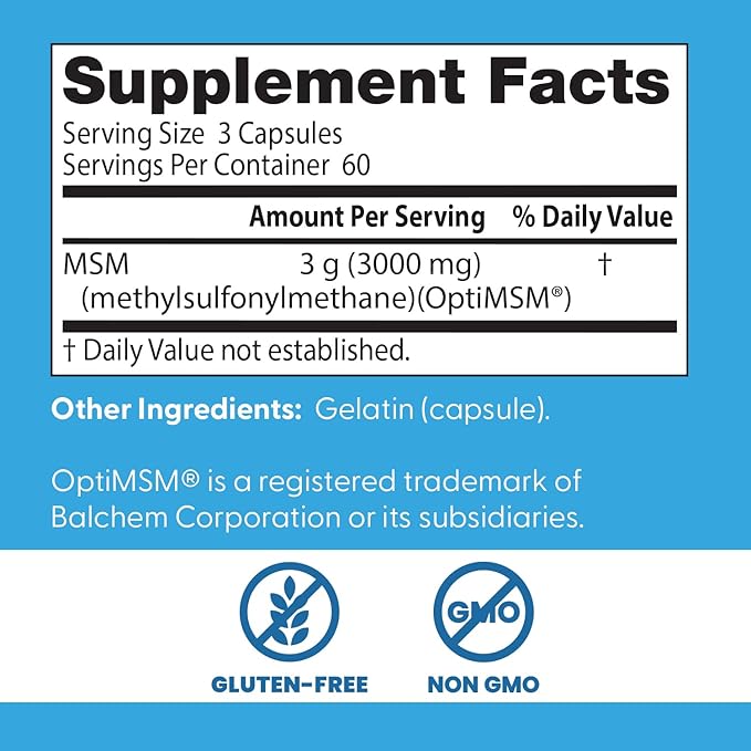 Doctors Best MSM, Supports Hair, Skin, Nails, & Joints, Non-GMO, Gluten Free, 3000 mg Per Serving, 180 Capsules