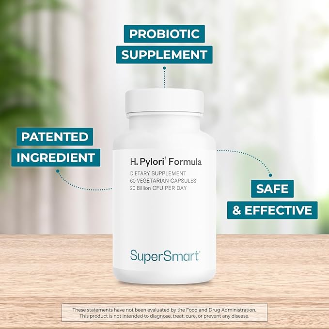 Supersmart H. Pylori Formula 20 Billion CFU per Day - Natural Probiotic Lactobacillus Reuteri DSM 17648 Supplement | Non-GMO & Gluten Free - 60 Vegetarian Capsules