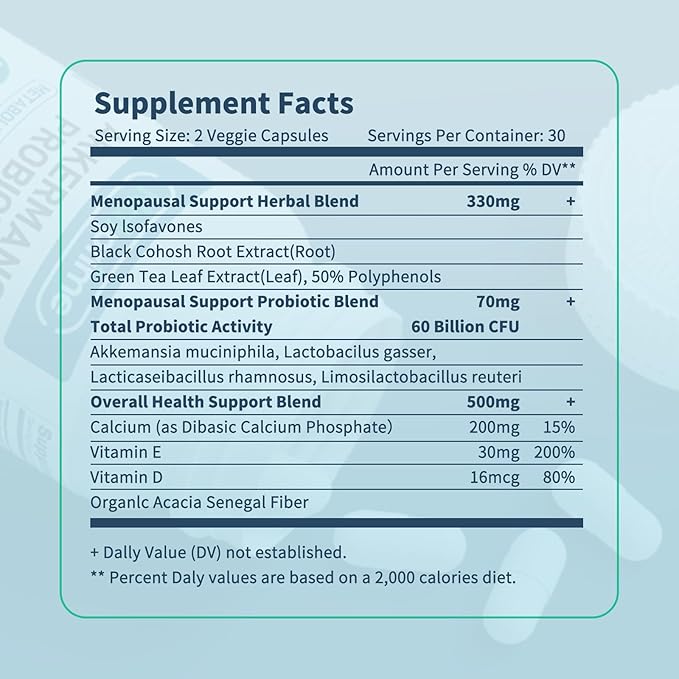 Menopause Probiotic Supplements for Women - 60 Billion CFU Akkermansia Probiotics for Hormone Balance, Night Sweats, Hot Flashes Relief, Gut Health - 60 Ct