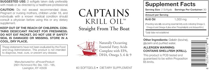 Captains Pure Antarctic Krill Oil Softgels | Omega 3 EPA, DHA with Astaxanthin & Phospholipids| No Additives or Chemicals | 1000mg per Serving, 60 Capsules, 4-Pack