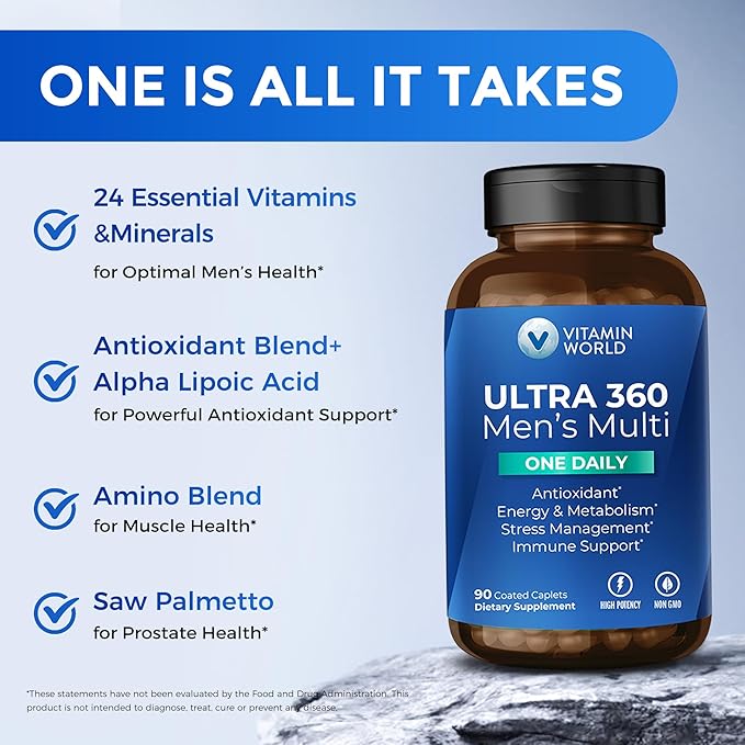 Vitamin World Ultra 360 Multivitamin for Men One Daily, Men's Multivitamin with Minerals, Herbs & Antioxidants, Daily Supplement with Vitamin A, C, D, E & Zinc for Energy & Immune Support, 90 Caplets