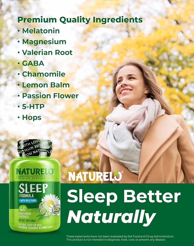 NATURELO Sleep Aid - with Melatonin, Magnesium, GABA, Valerian Root, Lemon Balm, Chamomile Herbal Extracts - Plant-Based Sleeping Aid - 60 Vegan Capsules (Pack of 2)