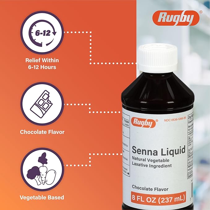 Rugby 8.8 mg Senna Liquid - Made with Natural Vegetable Laxative Sennosides - Promotes Occasional Constipation Relief - Chocolate Flavored - 8 Fl. Oz.