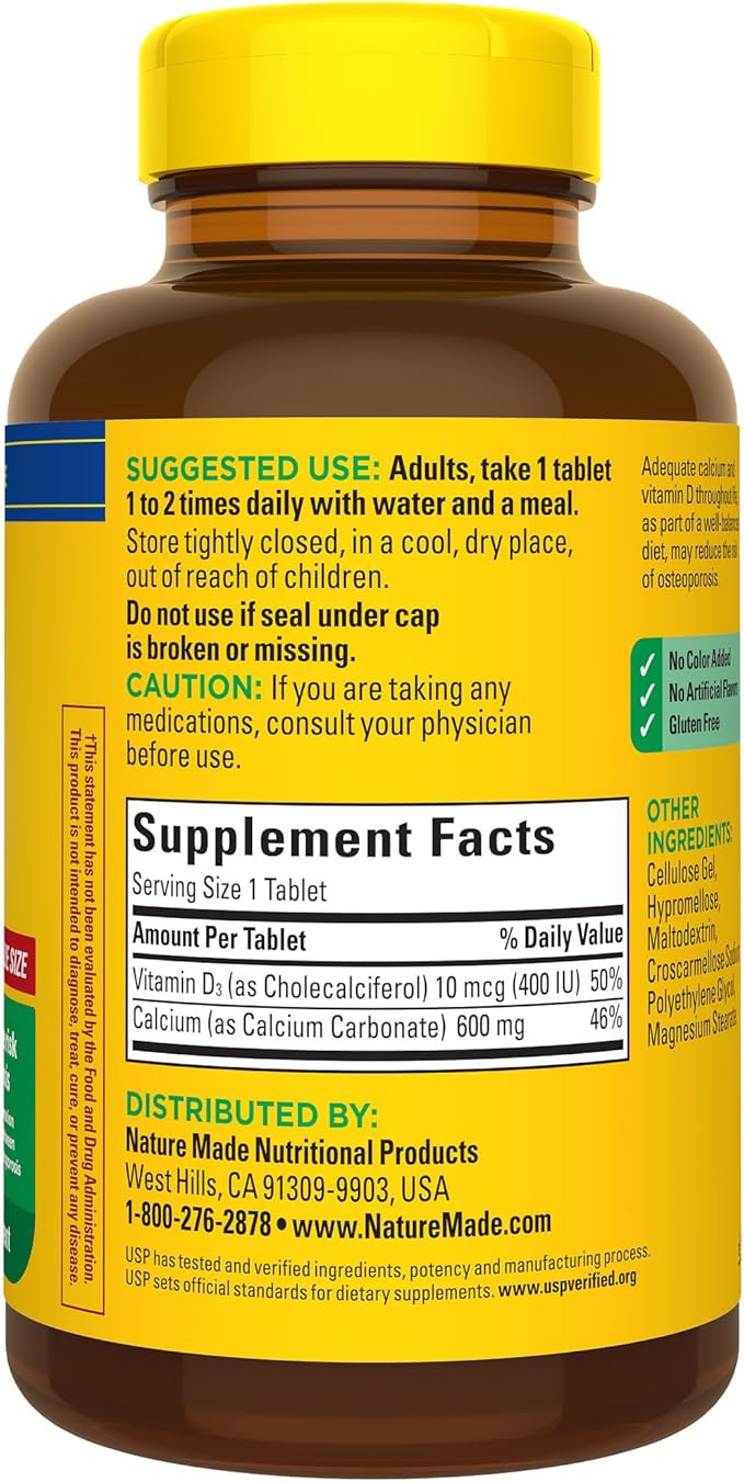 Nature Made Calcium 600 mg with Vitamin D3, Dietary Supplement for Bone Support, 220 Tablets (pack of 1)
