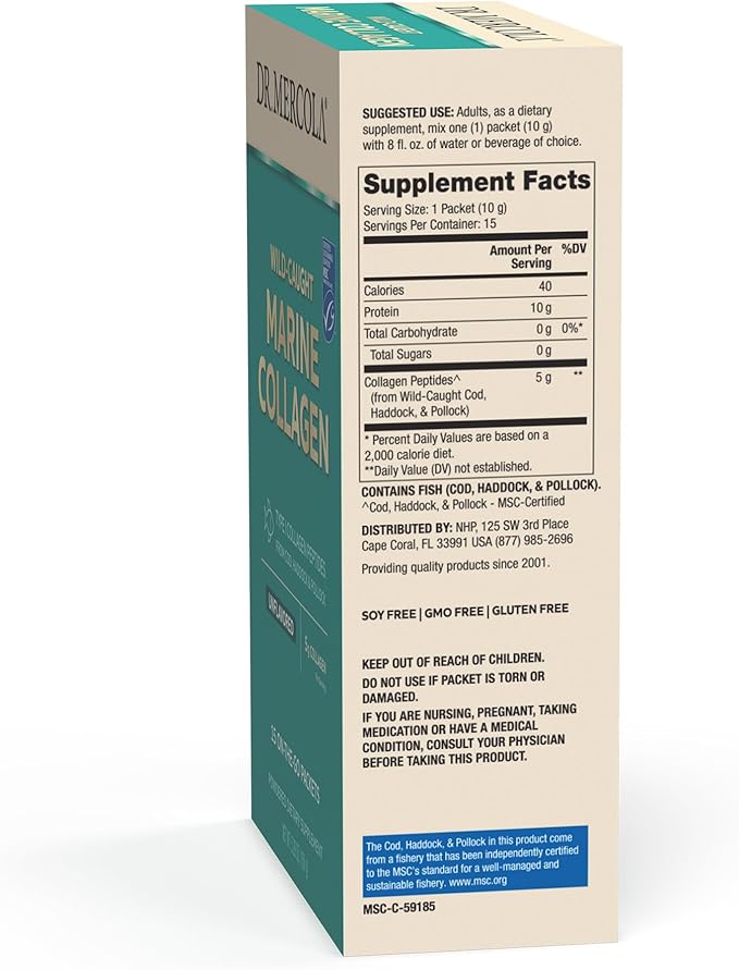 Dr. Mercola Marine Collagen Powder Packets, 5g Collagen Per Serving, 15 Servings (15 on-The-go Packets), Powdered Dietary Supplement, Unflavored, Type 1 Collagen Peptides from Cod, Haddock & Pollock