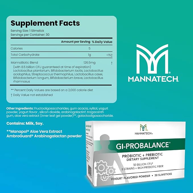 Mannatech Prebiotics and Probiotics, 30 Slimsticks, Yogurt Flavor, GI-ProBalance w/MannaBiotic Blend, Pre and Probiotics Powder for Gut Health, w/ 8 Strains, Rich Prebiotic Fiber & 50 Billion CFU