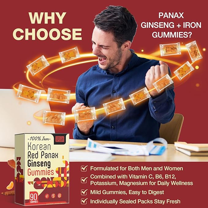 Korean Red Panax Ginseng Supplement Gummies - Iron Supplements for Women & Men - Iron Gummies with Vitamin C, B6, B12, Potassium & Magnesium, Vegan - 180 Count