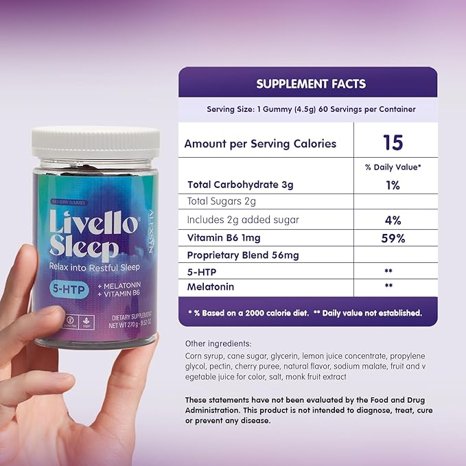 Livello Sleep Wild Berry Gummies - 60 Servings Natural Sleep Support with 5-HTP, Melatonin, and Vitamin B6 for Peaceful Night, Vegan & Gluten-Free