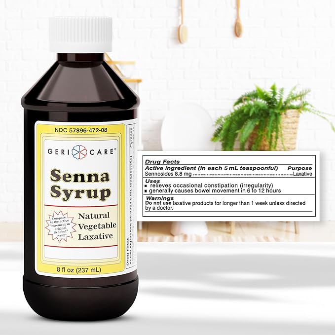 GeriCare Senna Laxative Syrup & Stool Softener, Natural Vegetable Stimulant Laxative Drink, Liquid Senna for Smooth Bowel Movement| Fast-Acting, Constipation Relief| Chocolate Flavor|8 fl oz (2 Pack)
