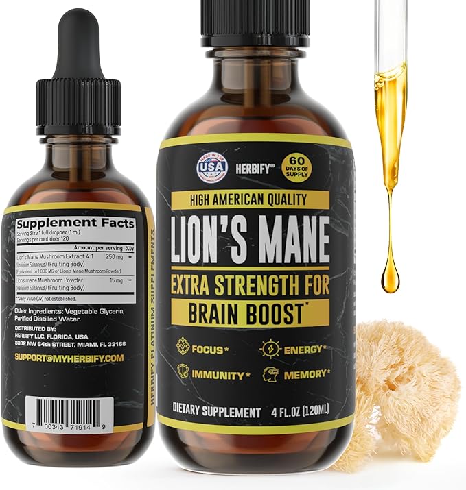 HERBIFY Lions Mane Supplement - Daily Mushroom Supplement for Memory, Focus & Clarity - Brain Booster - Lions Mane Tincture for Immune Support - 4 Fl oz