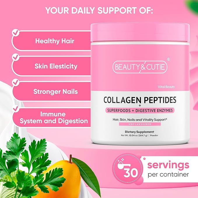 Collagen Peptides with Superfoods and Digestive Enzymes, Powder, Grass Fed, Pasture Raised, for Hair, Skin, Nails, and Immune System Support, Unflavored, Gluten Free,10.04 oz