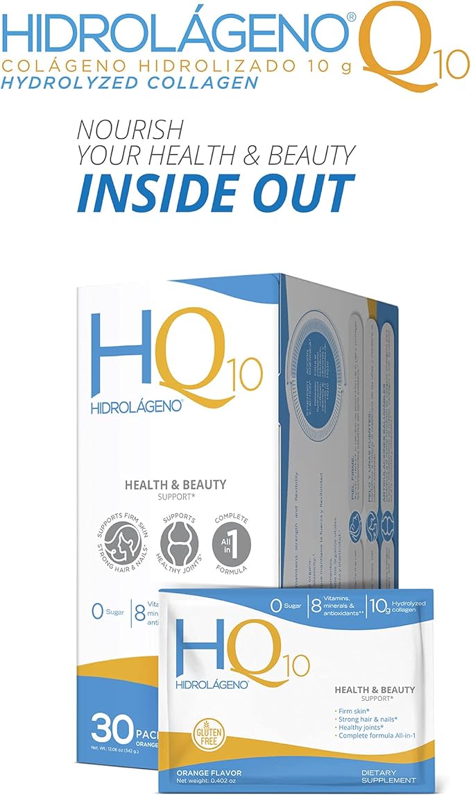 Hidrolageno Q10, Hydrolyzed Collagen, Vitamins, ZINC, Antioxidants, 30 sachets per pack, 4.2 Ounce, Pack of 1
