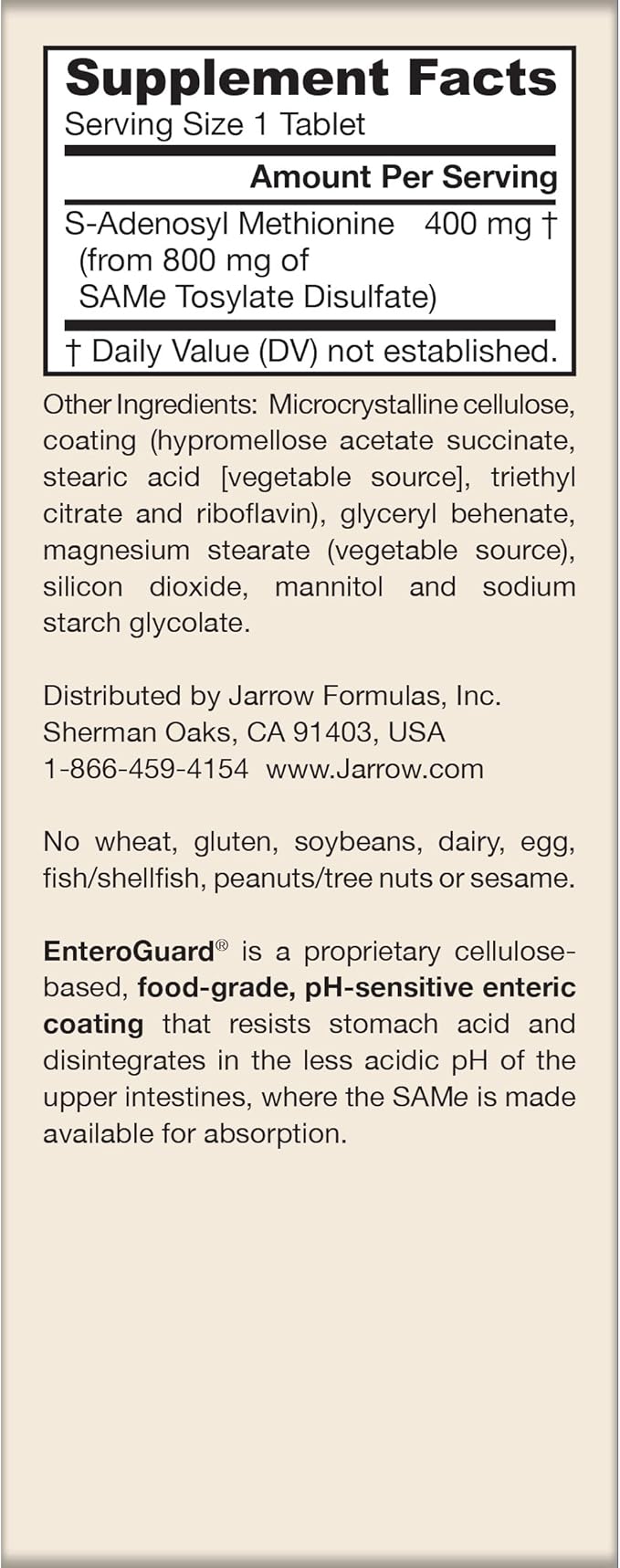 Jarrow Formulas SAMe 400 mg, Supports Joint Health, Liver Function, Brain Metabolism, 60 Tablets, Up To a 60 Day Supply