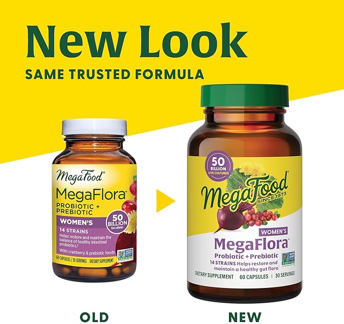 MegaFood MegaFlora Probiotics for Women + Prebiotics and Probiotics with 14 Strains & 50 Billion CFUs, with Cranberry for Women Digestive Health, Vegetarian- 90 Capsules (45 Servings)