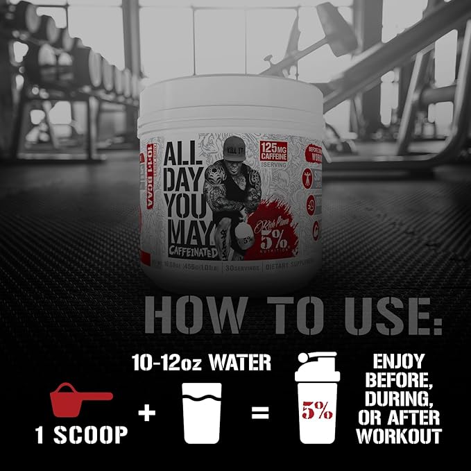 5% Nutrition Rich Piana AllDayYouMay Caffeinated BCAA Energy Powder | Premium Pre Workout Amino Energy & Electrolytes | Hydration, Endurance & Recovery | 16.08 oz, 25 Servings (Fruit Punch)