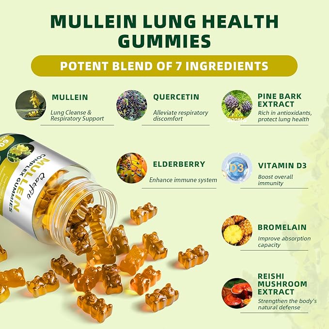 (120 pcs) Mullein Gummies for Lungs Detox– Mullein Leaf Extract with Quercetin, Elderberry for Respiratory & Immune Support, Breathing & Lung Cleanse for Smokers, Vegan, Pineapple Flavor, (2 Pack)