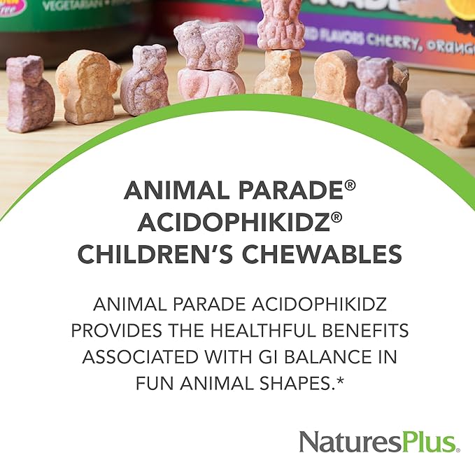 Natures Plus Animal Parade AcidophiKidz, Berry Flavor - 90 Chewable, Animal-Shaped Tablets - with Probiotics, FOS & Grape Seed - 90 Total Servings