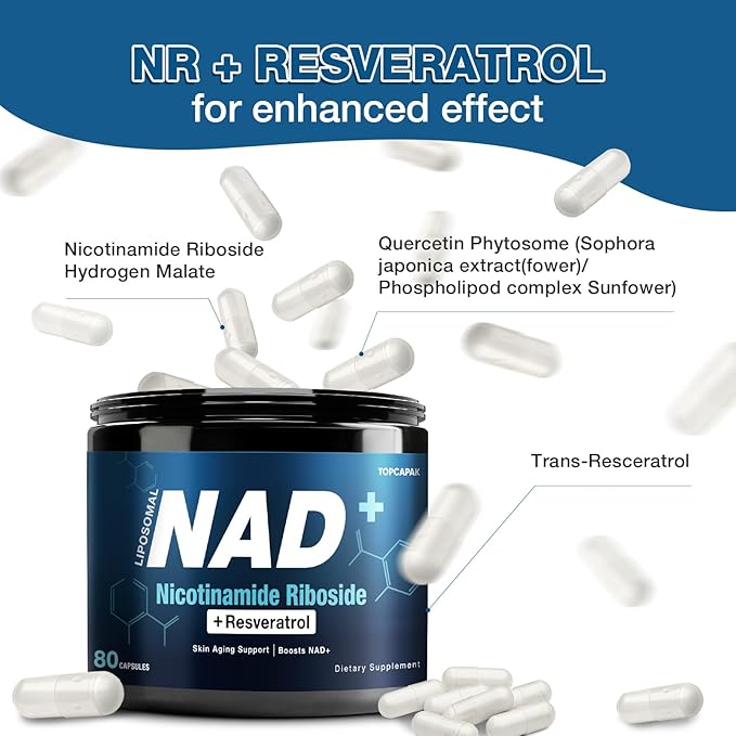 NAD+ Supplement 1000mg - Nicotinamide Riboside (NR) and Resveratrol, Liposomal NAD of Pure Organic Ingredients for Women & Men Healthy Aging, Brain and Cellular Energy, 80 Capsules(2Pcs)