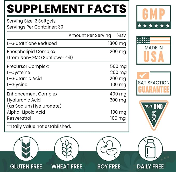 8-in-1 Liposomal Glutathione 2400 MG, High Absorption Antioxidant Formula – with Hyaluronic Acid, Alpha-Lipoic Acid, Resveratrol - Skin, Liver Detox & Immune System, 360 Softgels