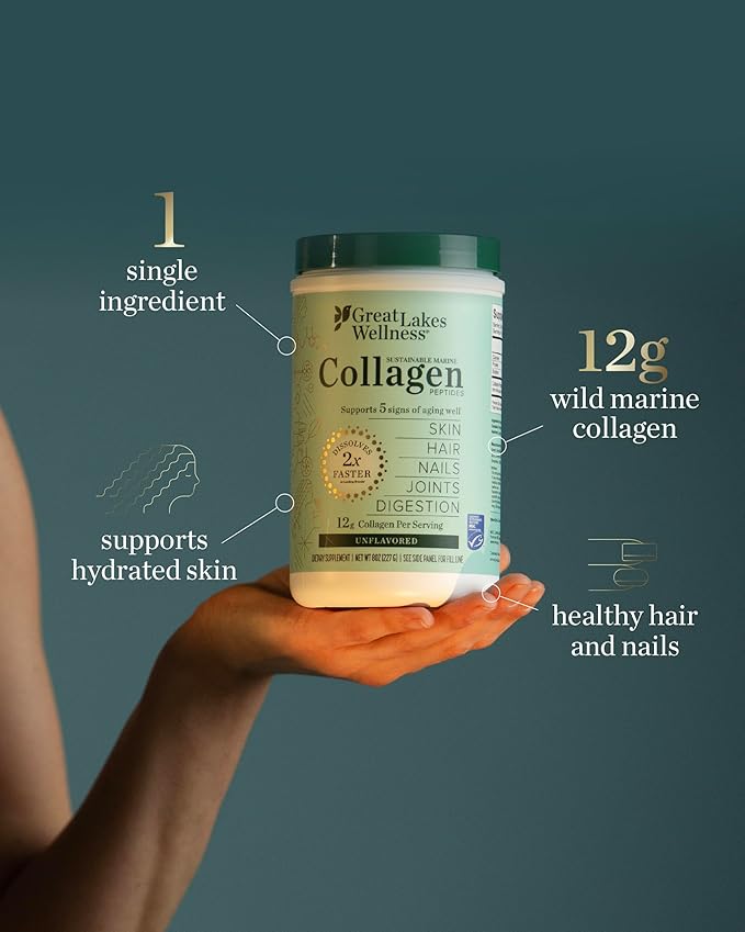 Great Lakes Wellness Sustainable Marine Collagen Peptides Powder for Skin, Hair, Nails, Joints & Digestion - Unflavored - Quick Dissolve Hydrolyzed, Wild Caught, MSC Certified, Non-GMO, Kosher - 16 oz