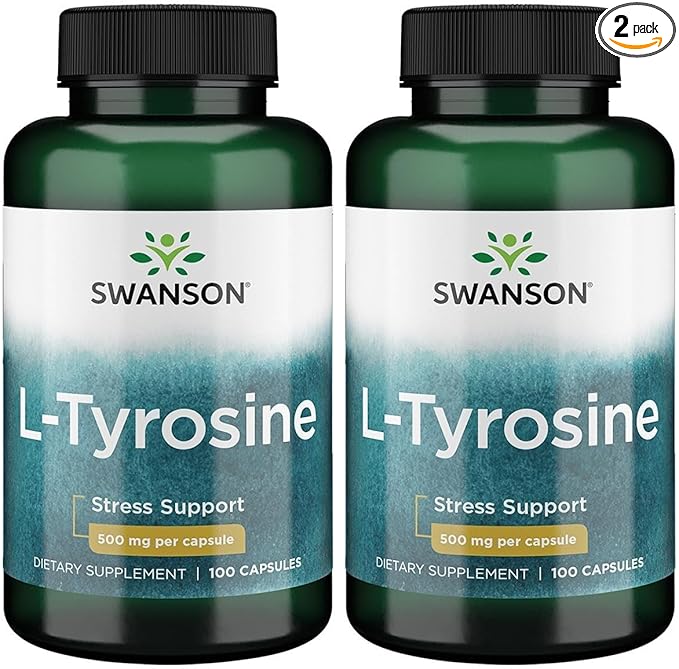 Swanson L-Tyrosine - Amino Acid Supplement Promoting Stress Support, Cognitive Function, and Mental Clarity - Helps Support Overall Brain Health - (100 Capsules, 500mg Each) (2 Pack)