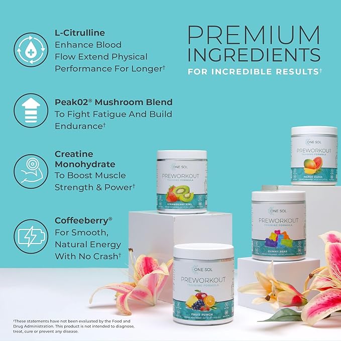 One Sol Pre-Workout for Women, Enhanced Pump & Focus, No Jitters Or Crash, Natural Ingredients, 100% Vegan, Gluten Free & Soy Free, (Gummy Bear)