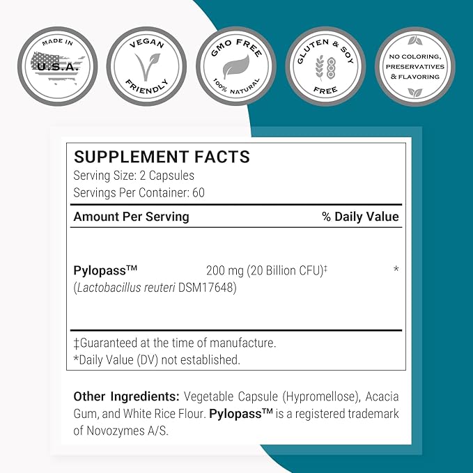 Supersmart H. Pylori Formula 20 Billion CFU per Day - Probiotic Lactobacillus Reuteri DSM 17648 Supplement | Non-GMO & Gluten Free - 120 Vegetarian Capsules