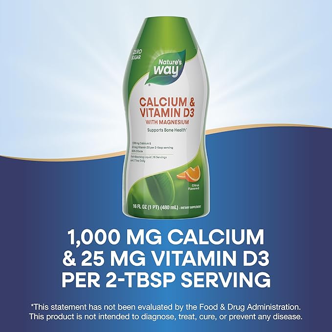Nature's Way Calcium & Vitamin D3 with Magnesium Liquid Supplement*, Supports Bone Health*, Fast Absorbing Liquid, Gluten Free, Sugar Free, Citrus Flavored, 16 Fl Oz (Packaging May Vary)