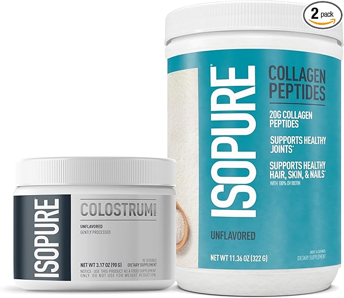 Bundle of Isopure Bovine Colostrum Supplement Powder, Gently Processed, 90 Servings + Isopure Collagen Peptides Powder,14 Servings, Unflavored, with Vitamin C, with Biotin