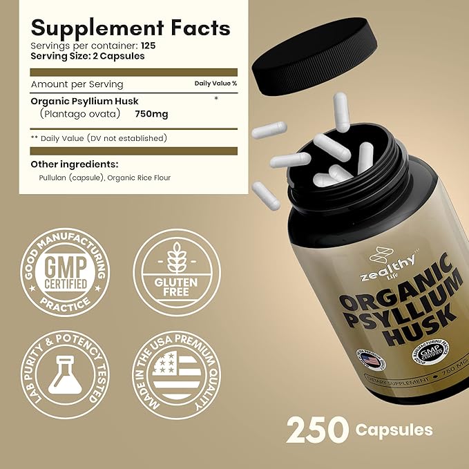 Organic Psyllium Husk Capsules, Natural Fiber Supplement for Gut Health* - Alternative to Psyllium Husk Powder, Zealthy Life, 250 Capsules