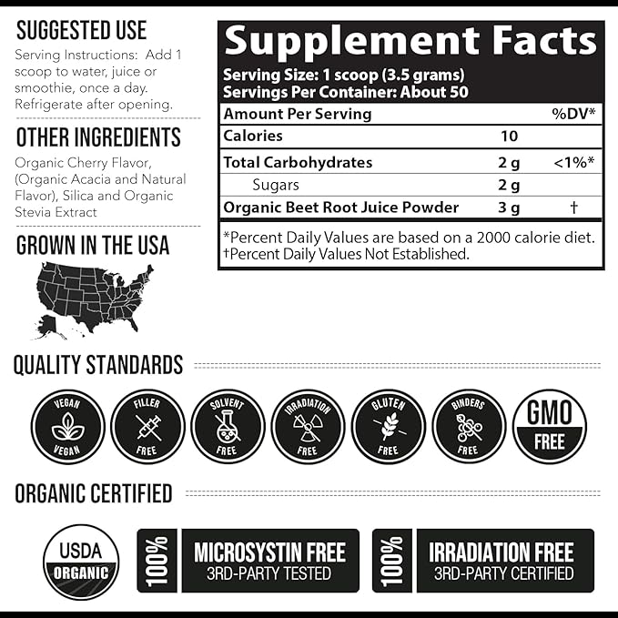 BioBeet® Beet Juice (Black Cherry Flavor) Max Strength 20x High Concentration than Beet Root Powder – Organic, Cold-Pressed, USA Grown, Raw Form – Nitric Oxide, Circulation Support (50 Servings)