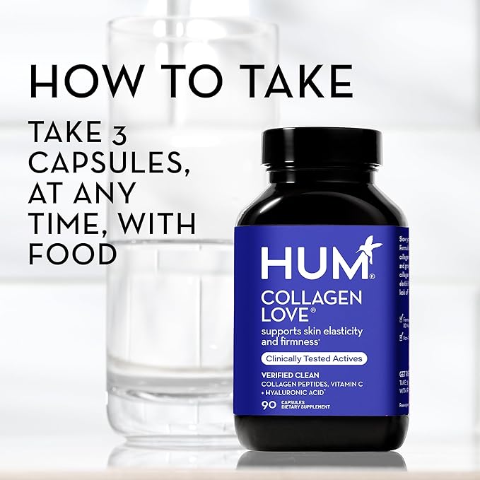 HUM Collagen Love Skin Supplement - Collagen Peptides w/Hyaluronic Acid & Vitamin C, Supports Firm Skin & Helps Minimize Signs of Aging - Supplements for Women and Men (90-Count)