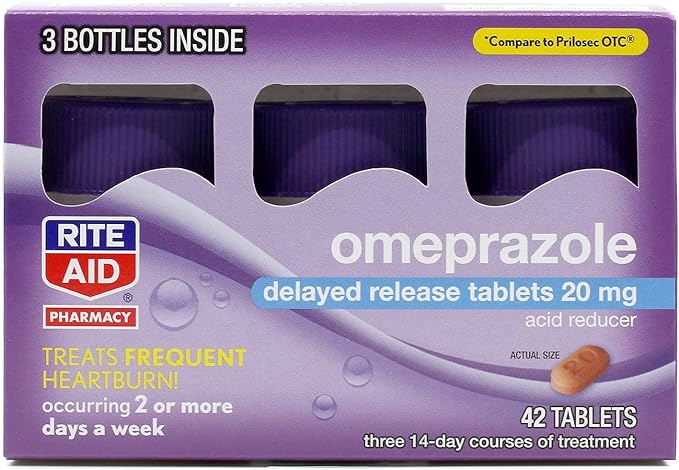 Rite Aid Acid Reducer Omeprazole Delayed Release Tablets - 20 mg, 3 Bottles, 14 Count Each (42 Count Total), Unflavored, Heartburn Relief, Heartburn Medicine, Treats Frequent Heartburn