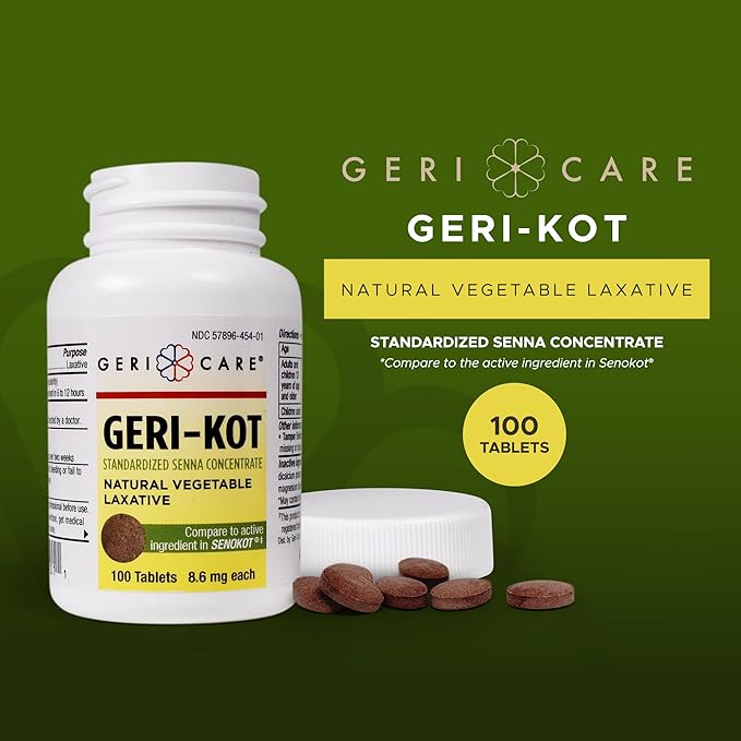 Geri-KOT Senna Laxative & Stool Softener Tablets, 100ct| Natural Vegetable Stimulant Laxative| Smooth Bowel Movement Senna Tablets| Fast-Acting, Gentle Constipation Relief| 8.6mg Sennosides Laxative