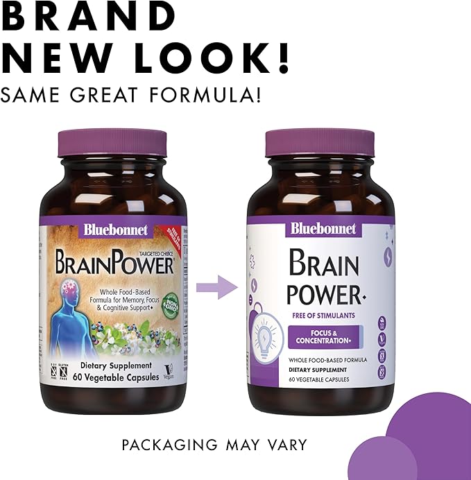 Bluebonnet Nutrition BrainPower – Whole Food-Based Nootropic Blend - for Brain Health*- Non-GMO, Vegan - Free of Gluten, Dairy, Soy & Stimulants - 60 Vegetable Capsules, 30 Servings