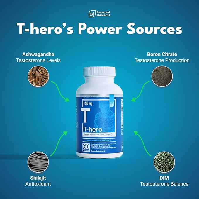 Essential Elements Male Health Supplement - Muscle Support & T-Health with DIM, Ashwagandha, Shilajit, More | T-Hero 60 Vegan Capsules